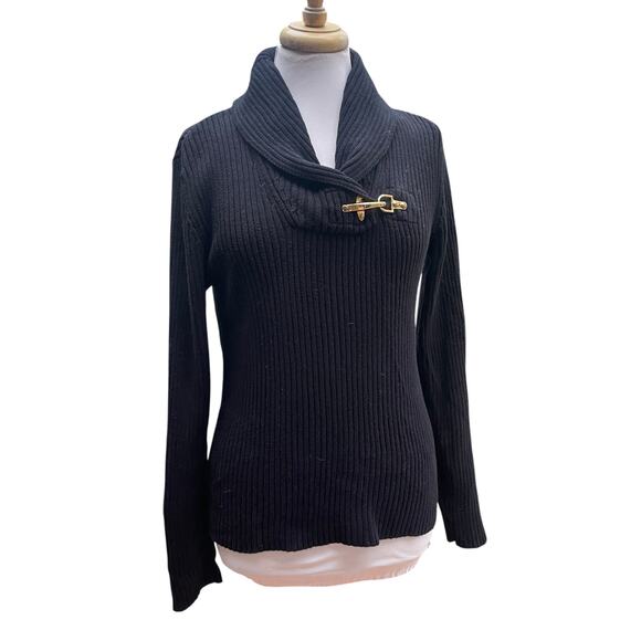Ralph Lauren Black Label Women’s Ribbed Shawl Collar Sweater M Gold Buckle Black - Picture 12 of 12